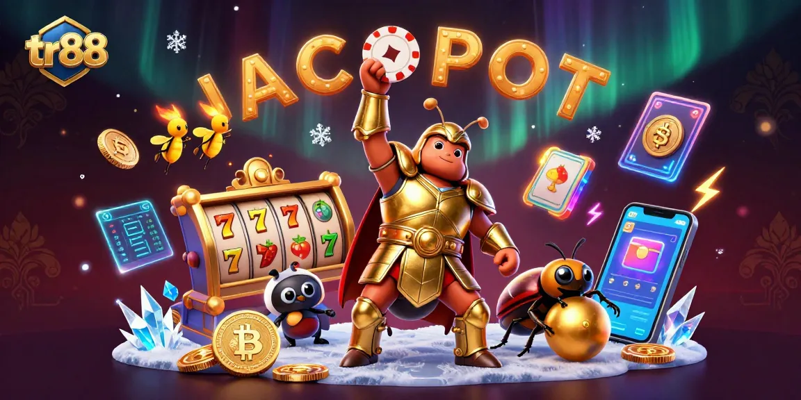 Engage with tr88's thrilling slots and jackpots in a vibrant 3D casino illustration.