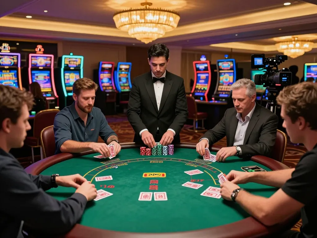 Engage in a thrilling blackjack game at dn88 casino with players focused and dealer shuffling cards.