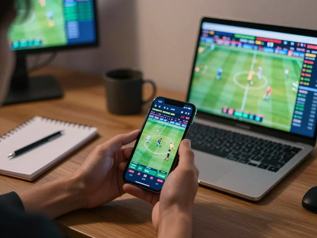 Engaging in live sports betting on da 88 app with smartphone, dynamic game background and thoughtful strategy notes.
