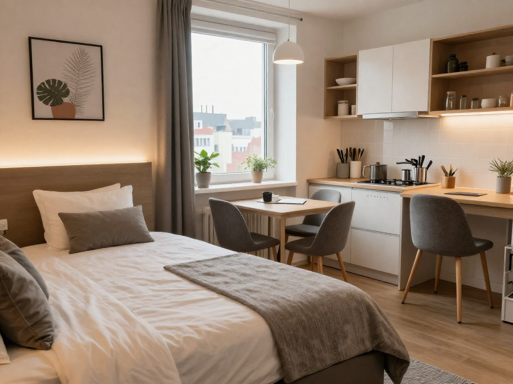 Moderne Monteurzimmer Hannover mit gemütlichem Bett, kompletter Küche und Arbeitsbereich.