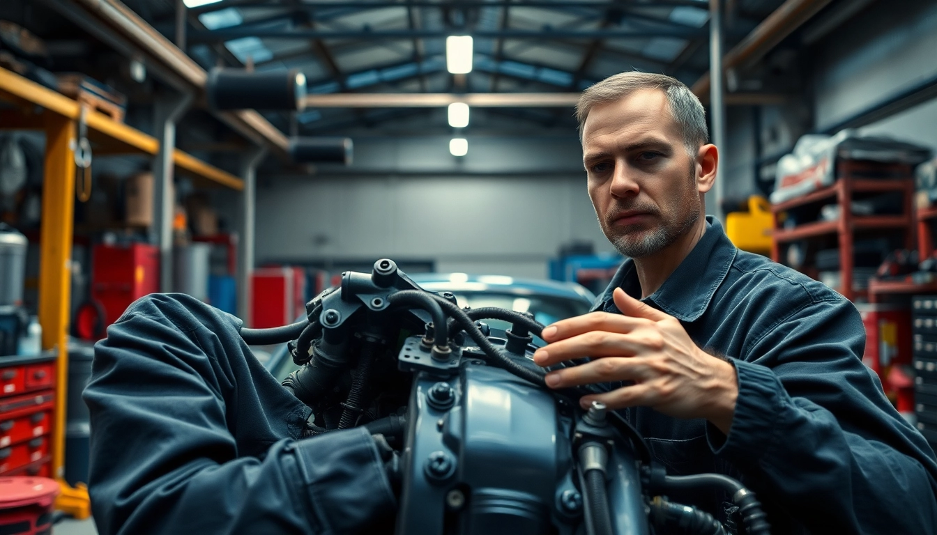 Motorschaden Ankauf: Mechanic inspecting a damaged car engine in a professional garage.