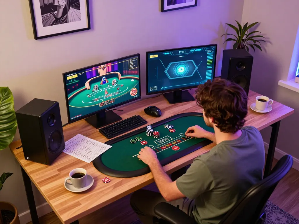 Player immersed in online blackjack at mb668 gaming setup, showcasing strategic play and atmosphere.