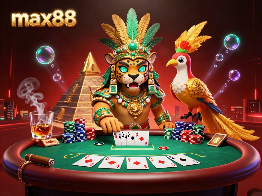Experience thrilling Max88 casino action with a lively Mayan jaguar priest and quetzal bird amidst a vibrant poker scene filled with chips and cards.