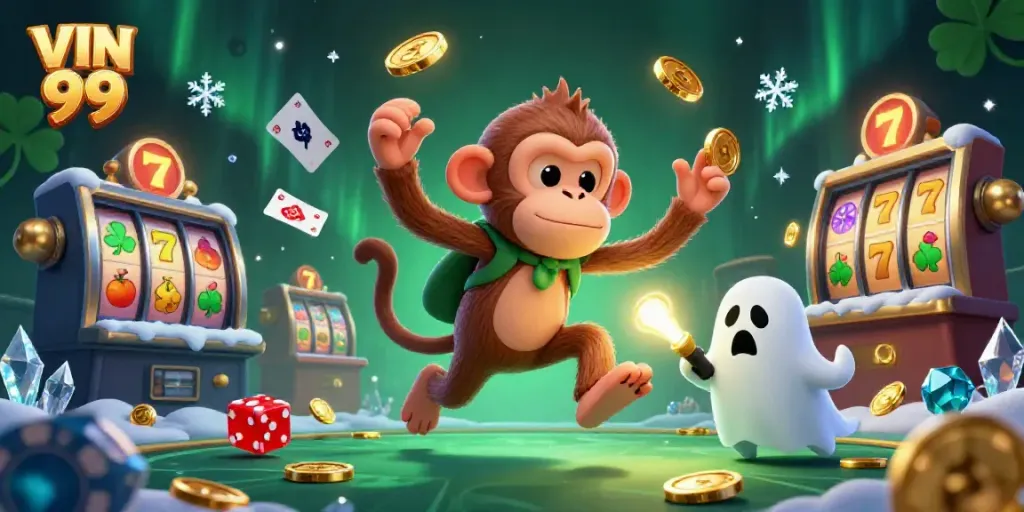 Experience thrilling casino excitement with VIN 99, featuring a playful ghost monkey and a curious puppy in a haunted setting.