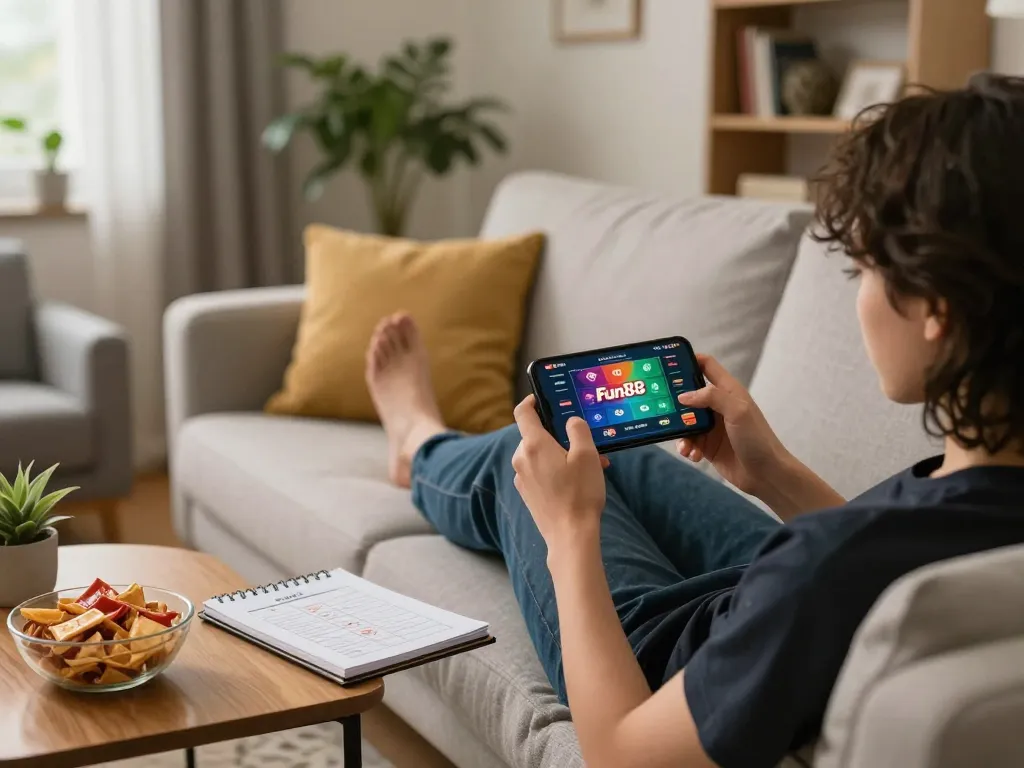 Engaging with Fun88 chính thức on a smartphone in a cozy home environment.