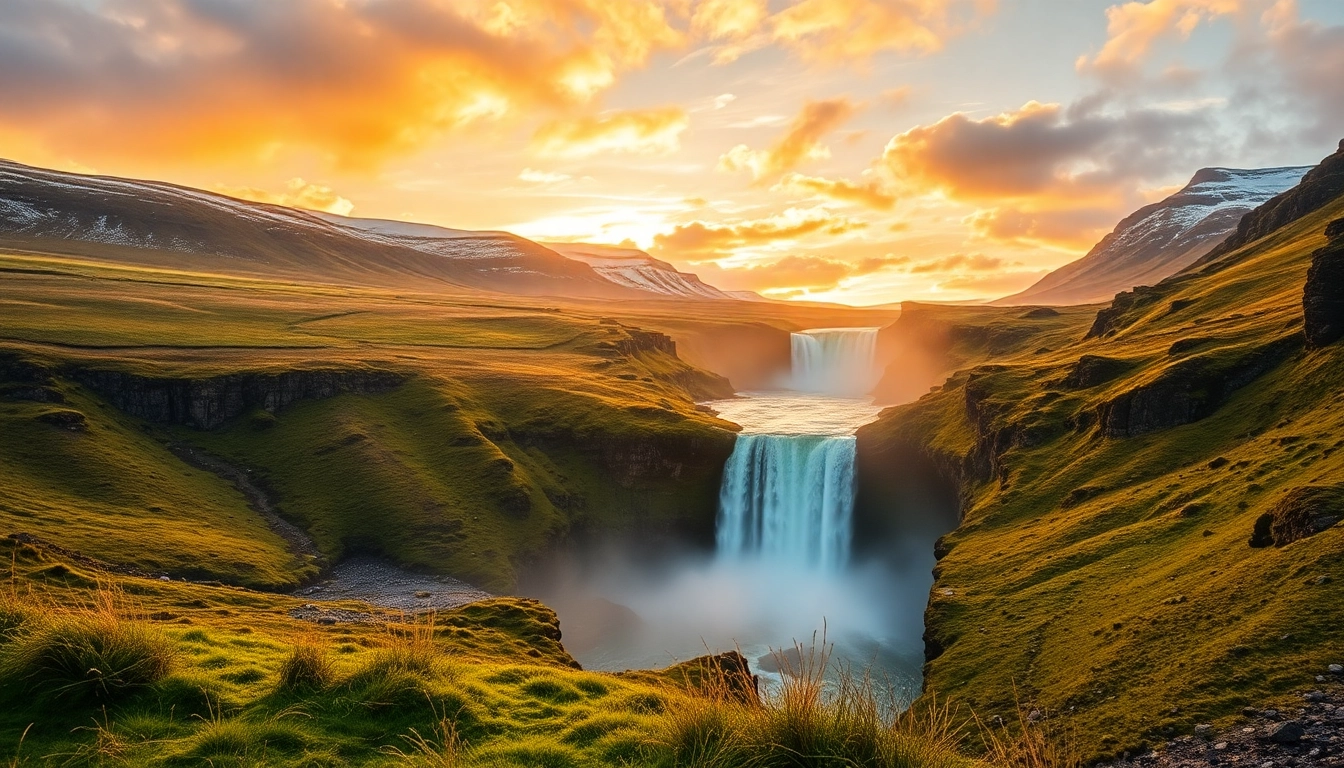 Erleben Sie die faszinierende Natur bei einer Reise nach Island mit Gullfoss Wasserfall und Nordlichtern im Hintergrund.