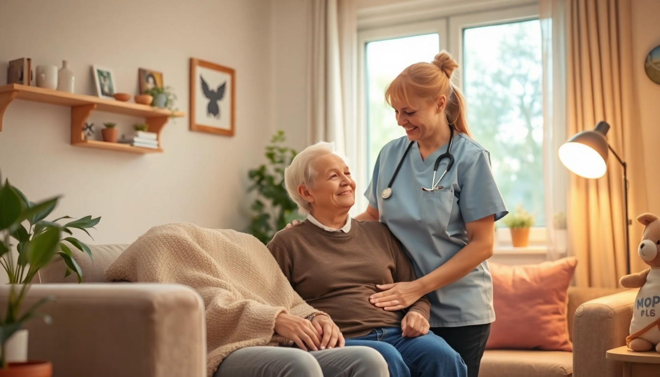 Pflegedienst kümmert sich liebevoll um einen älteren Patienten im heimischen Umfeld.