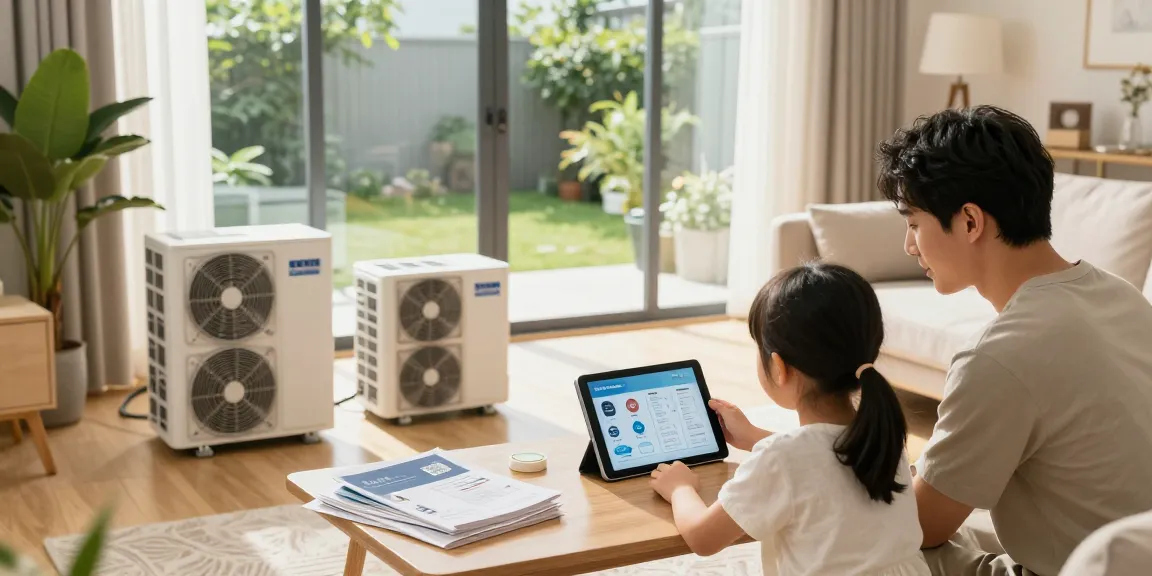 Promoting wärmepumpe kaufen options in a home setting with a family discussing benefits.