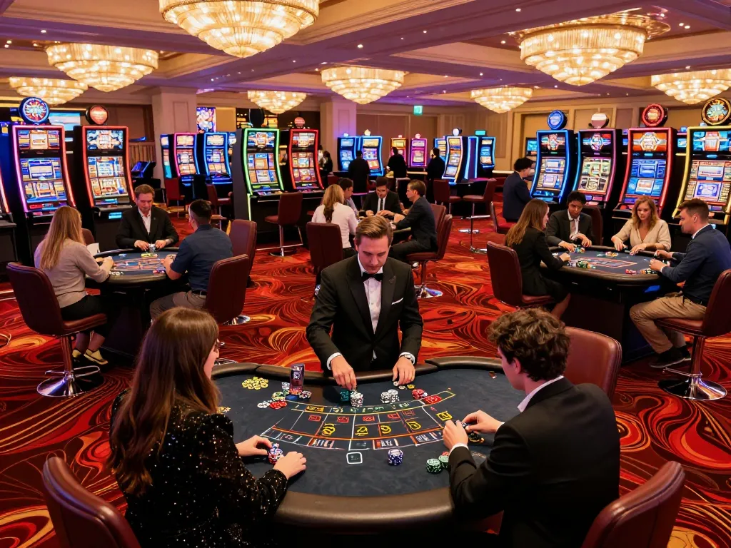 VA88 excitement as players gather around the blackjack table in a busy casino atmosphere