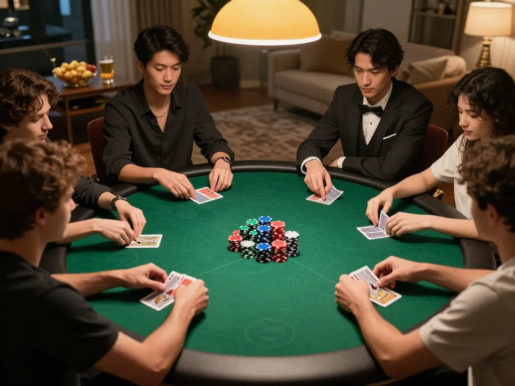 Players strategizing during a friendly poker game night at home with 79KING logo visible on chips.