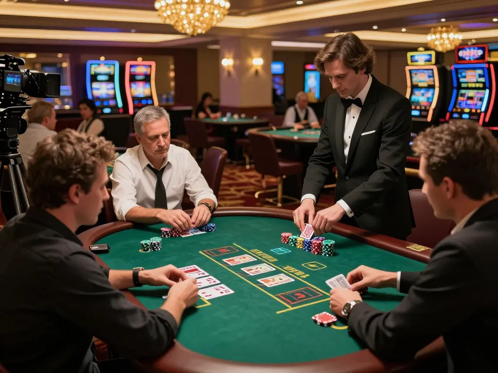 Engaged players make strategic bets on hm88 blackjack table in luxurious casino setup.