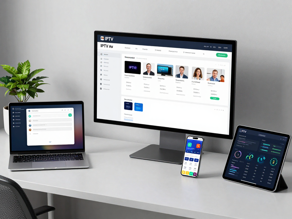 An IPTV reseller's dashboard showcasing subscription details and performance metrics in a modern workspace, highlighting scalability and innovative digital solutions.