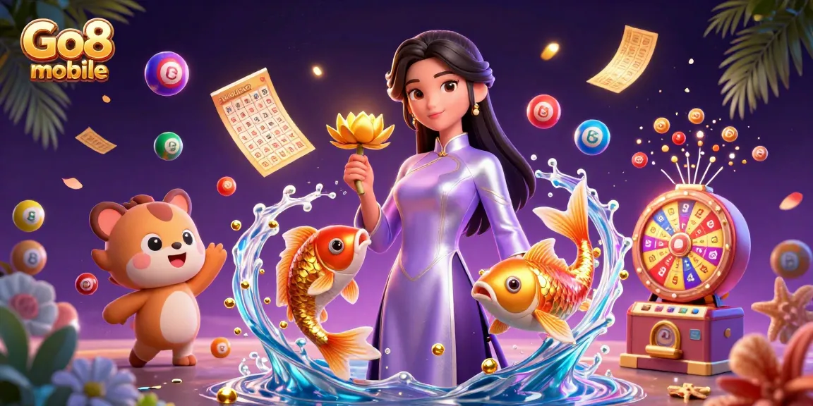 Engage with Go8 mobile showcasing a vibrant casino atmosphere featuring lottery balls and a golden prize wheel.