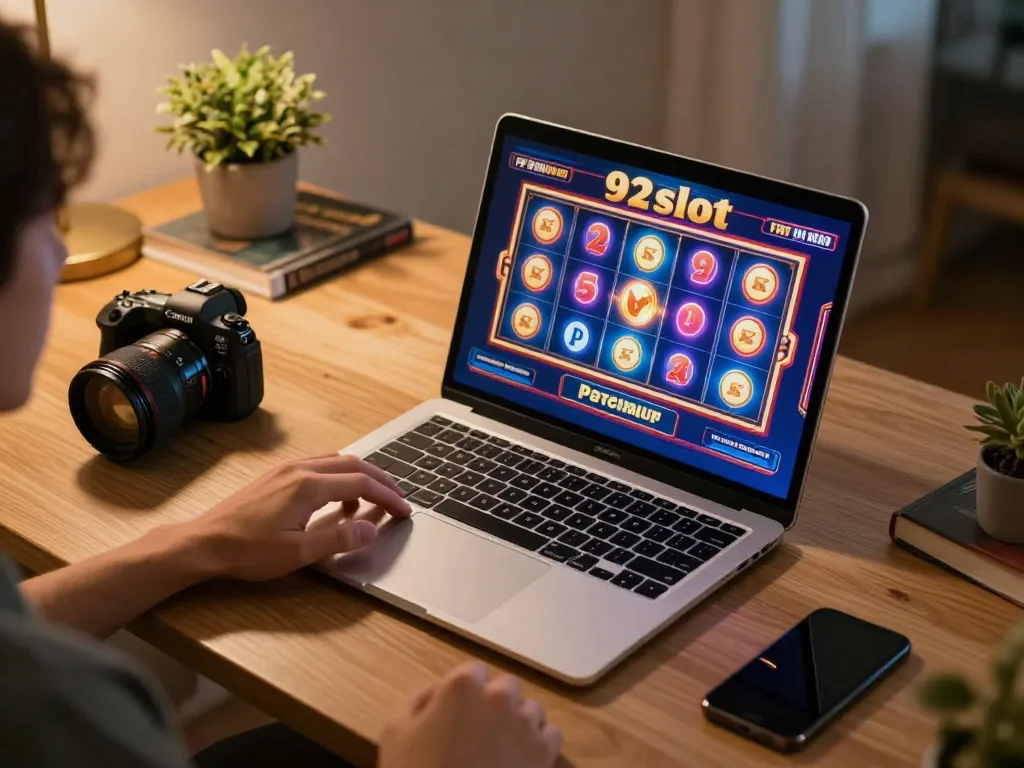 Engaging in exciting 92slot online gaming from home with a laptop displaying vibrant slot games