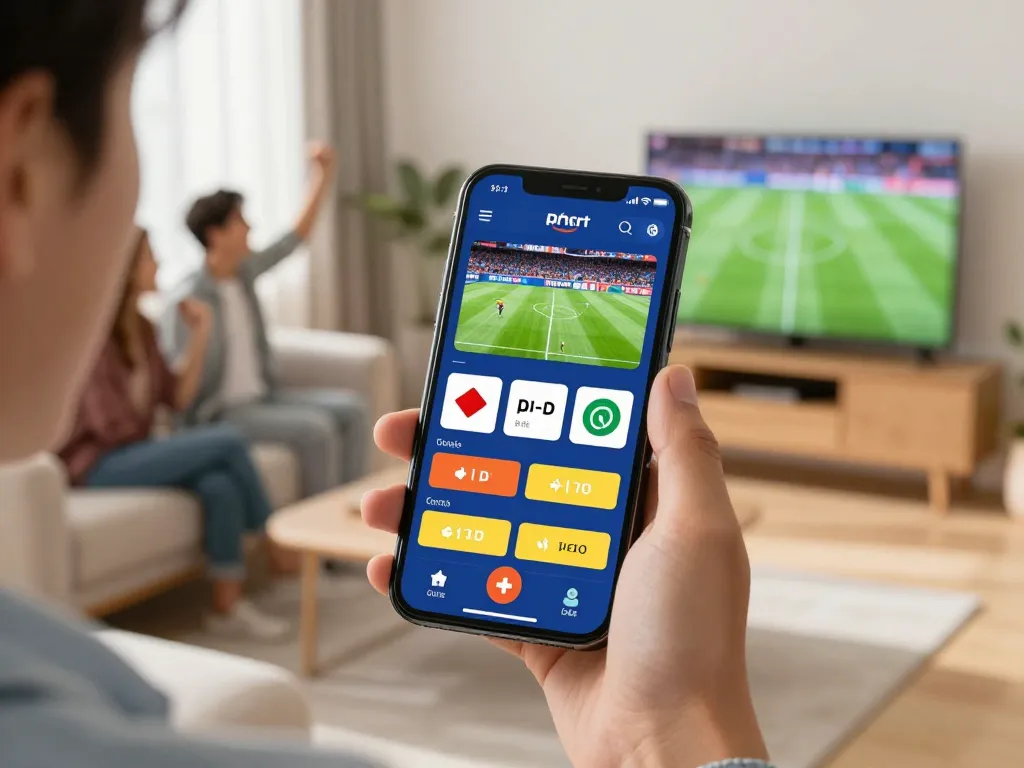 B66 win while placing sports bets through a mobile app in an inviting living room atmosphere.