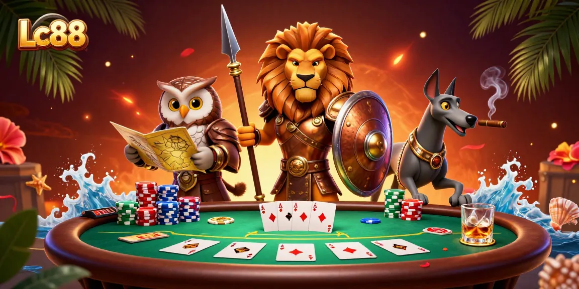 Play exciting games at Lc88 with a vibrant scene featuring competitive poker elements.