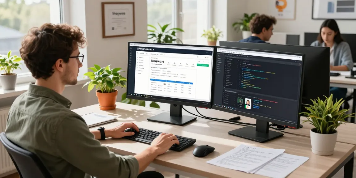 SP Webconsulting-Experte entwickelt E-Commerce-Lösungen in einem modernen Arbeitsraum.
