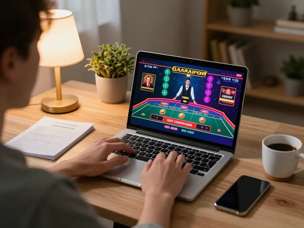 Engaging with tg88 online casino gameplay on a laptop in a cozy home setting showcasing strategic notes.