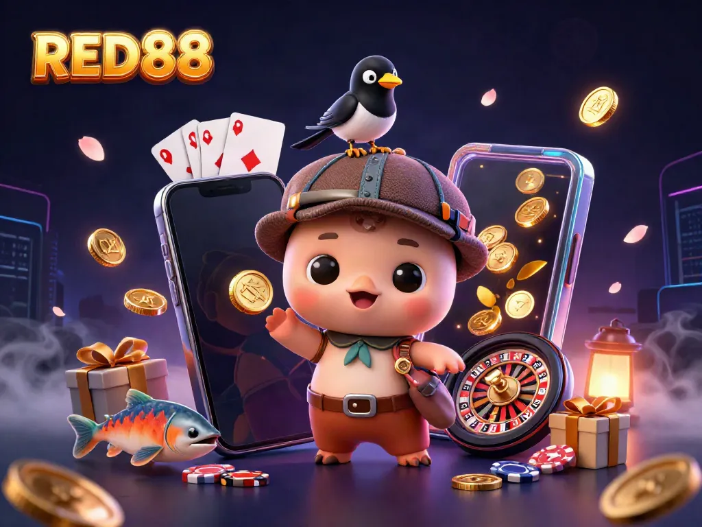 Experience the entertainment at RED88 with thrilling games and joyful characters in a vibrant casino scene.