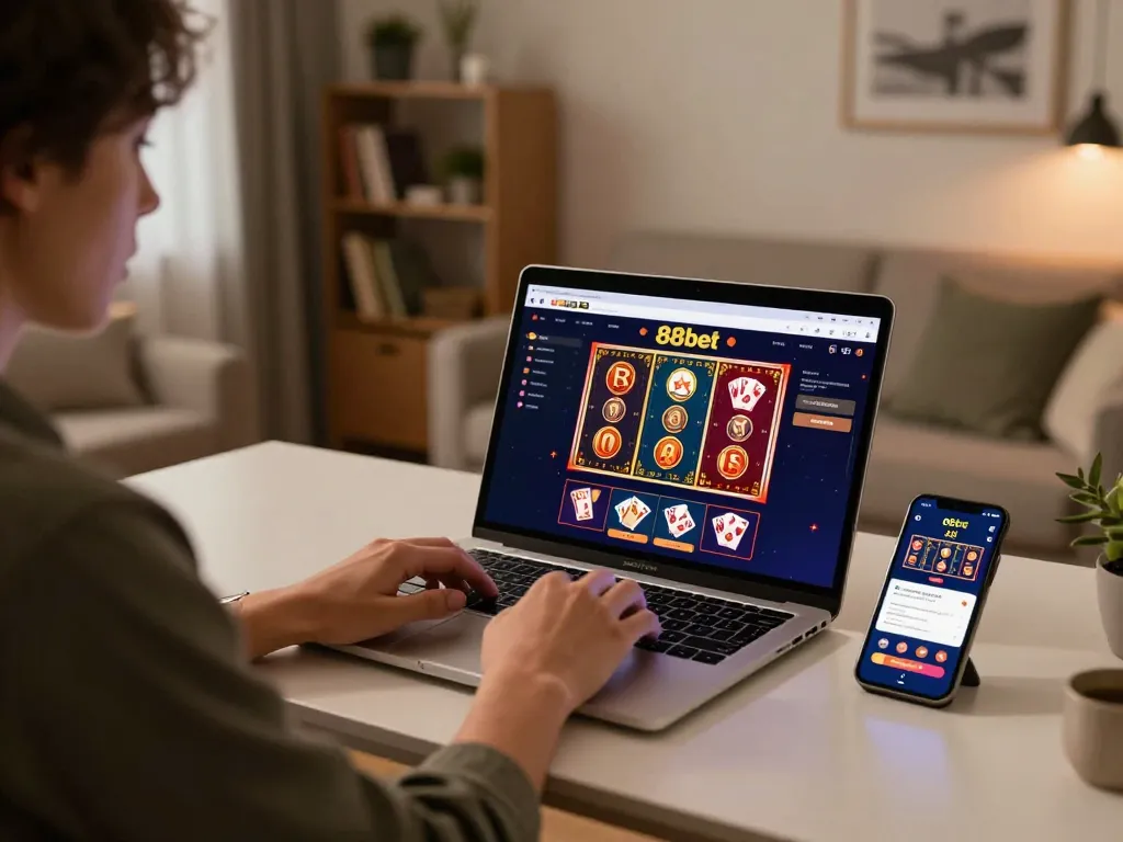 Engaged player enjoying 88bet casino online, using laptop for strategic gameplay in a cozy setting