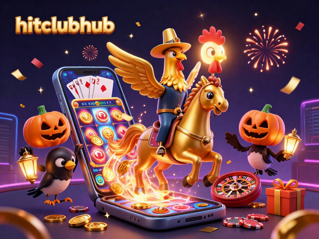 Engage with hitclubhub's vibrant casino scene featuring a golden rooster and magical game elements, evoking excitement.