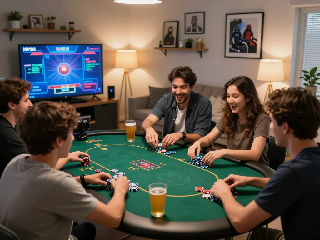 MK8 players engaged in an exciting home poker game full of strategy and camaraderie.