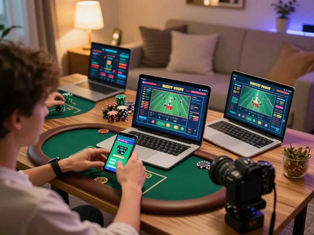 Player engaging in online gambling at RR88 using laptop and mobile apps in a cozy home setting