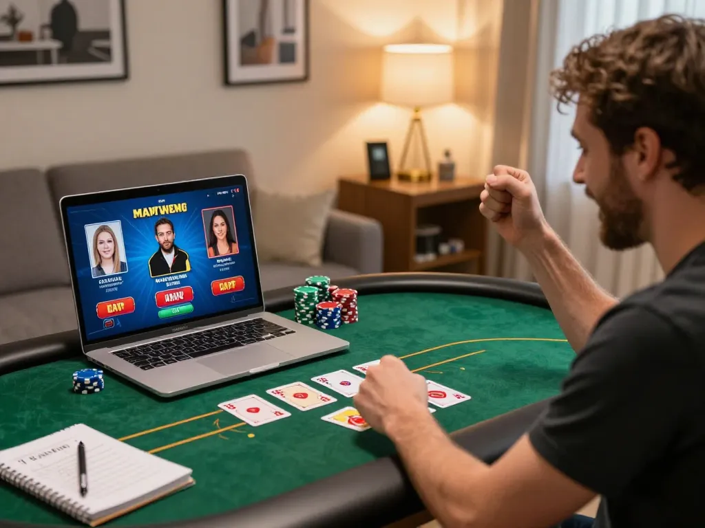 Player celebrating a big win at online casino https://98win9.co.com/ with chips on table and joyful expression