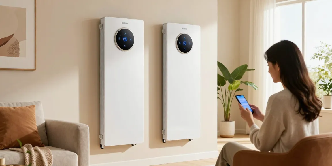 Adax Elektroheizpaneele in einem stilvollen Wohnzimmer, gesteuert über das Smartphone.