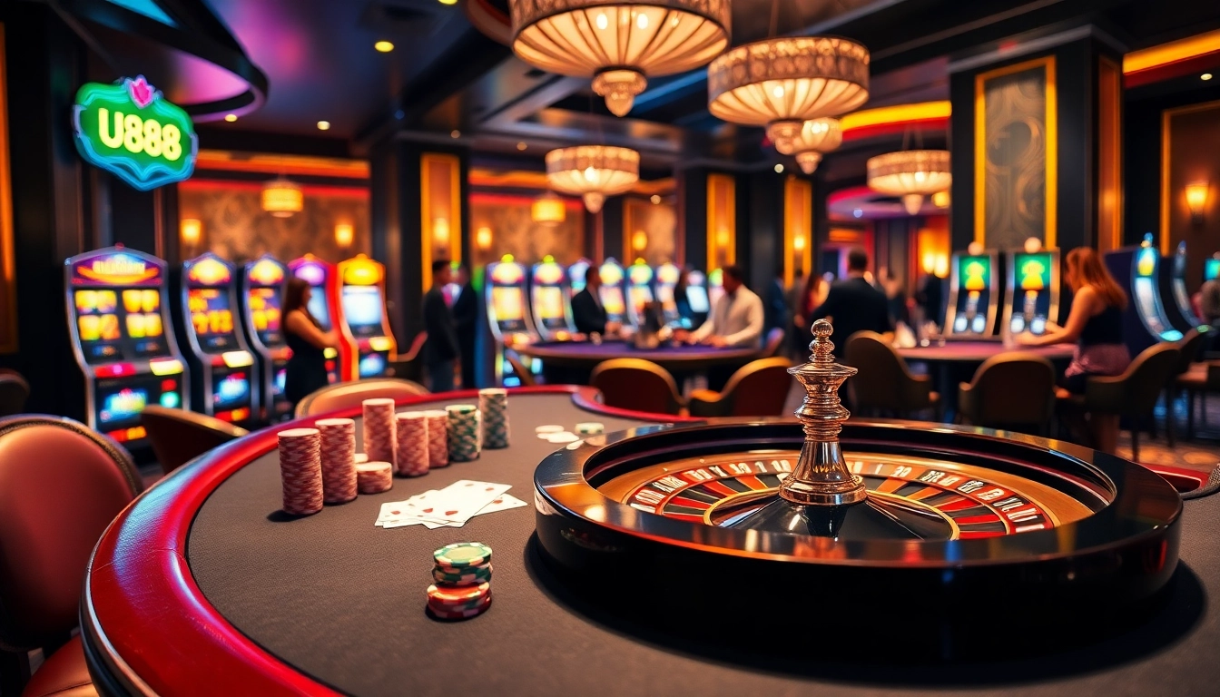 Experience the thrill of U888 at a vibrant casino table with colorful chips and cards.