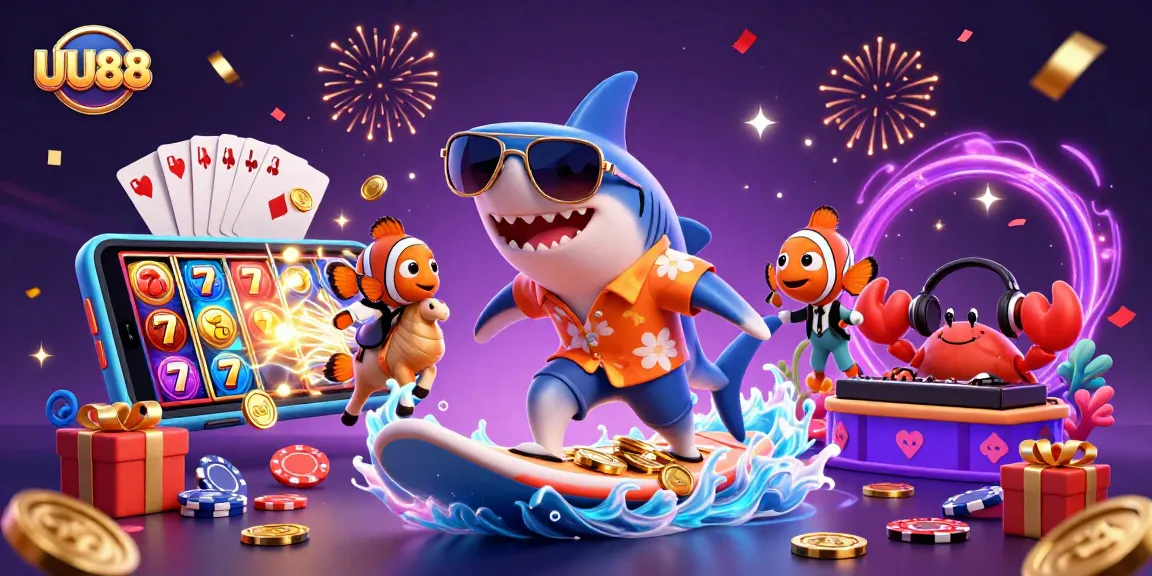 Experience thrilling wins with UU88 featuring a shark, clownfish, and crab in a vibrant casino setting.