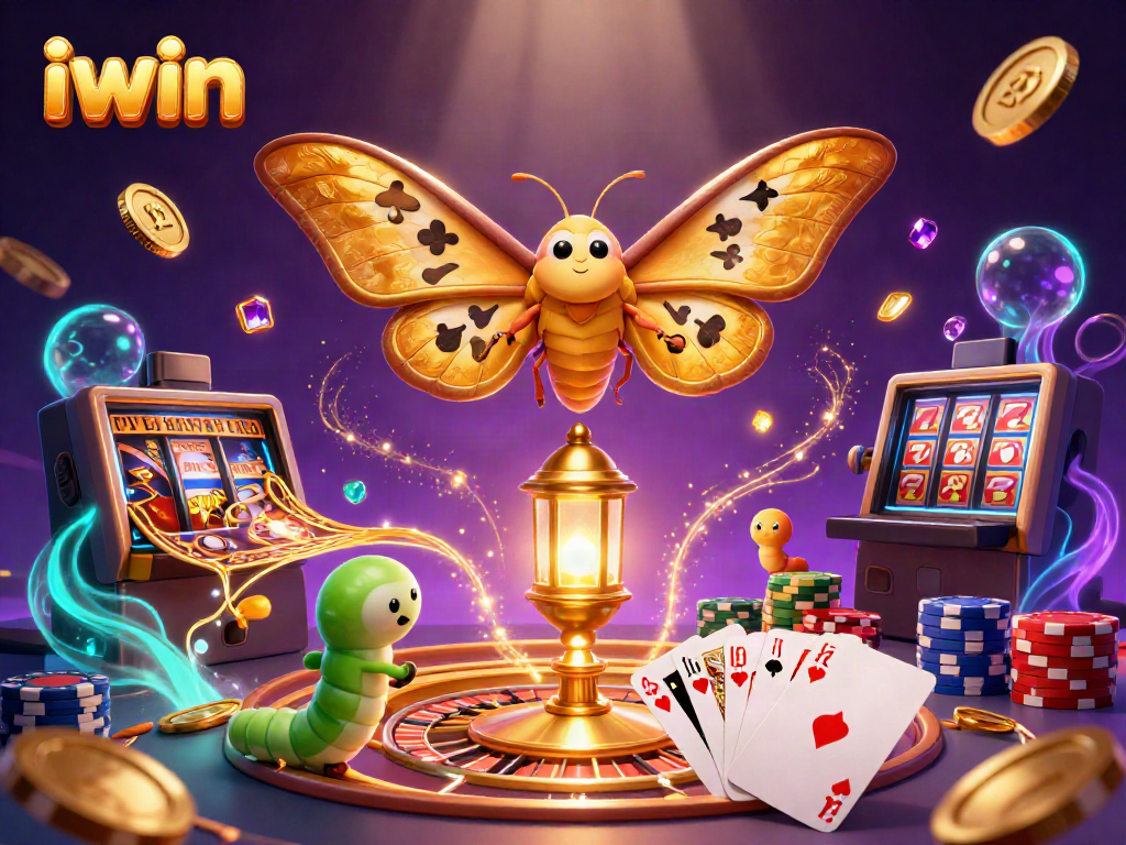 Experience excitement at iwin with vibrant casino elements and a majestic moth in a 3D illustration.