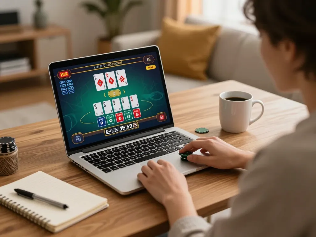 Player enjoying LV88 casino live dealer blackjack on their laptop in a cozy home office.