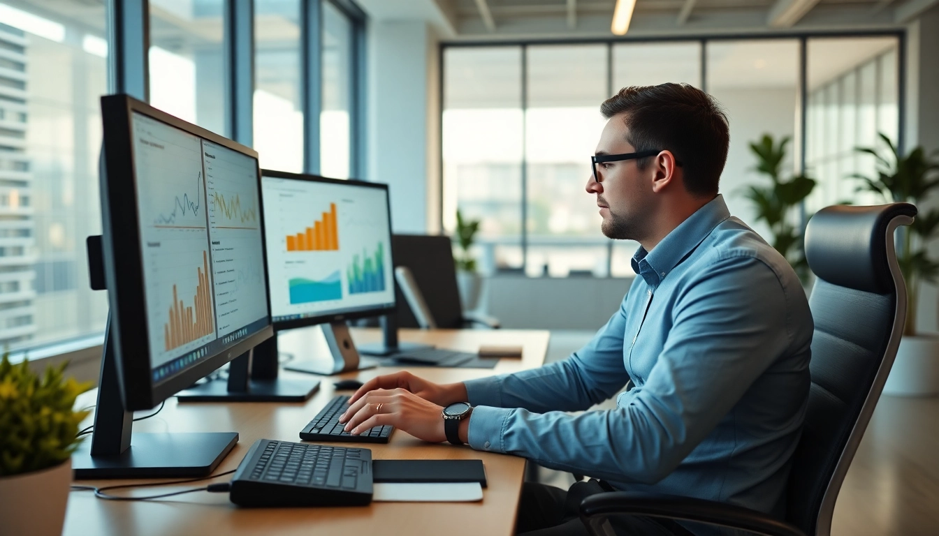 Headhunter analyzing candidate data at a sleek modern office workstation.