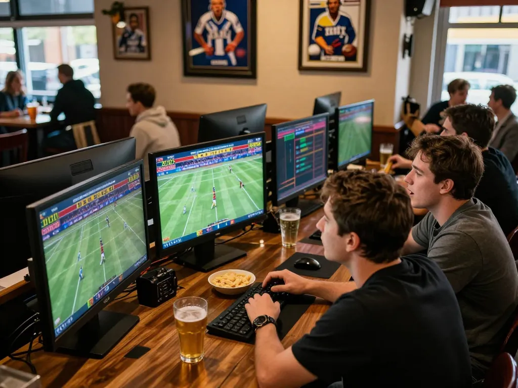 Engaging sports betting scene showcasing บ้านผลบอล7m as friends gather to strategize on live sports bets.
