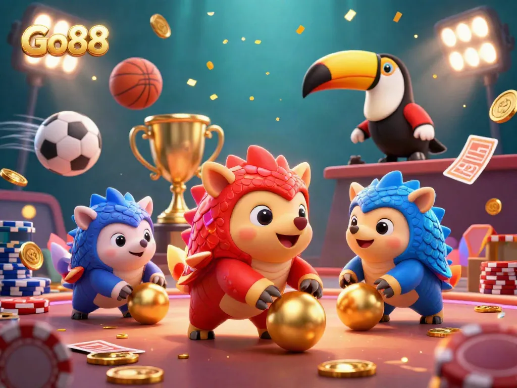 Engage with Go88's thrilling gaming scene featuring rival pangolins rolling through chips.
