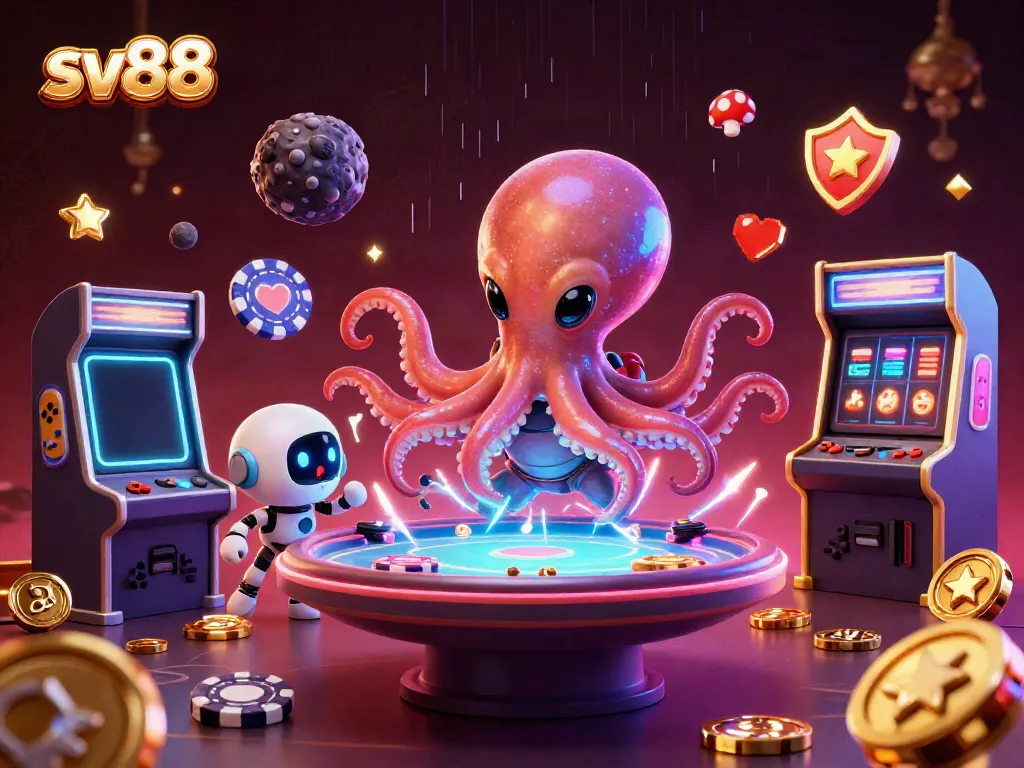 Engage with sv88 at a vibrant poker scene featuring a space octopus and gaming elements.