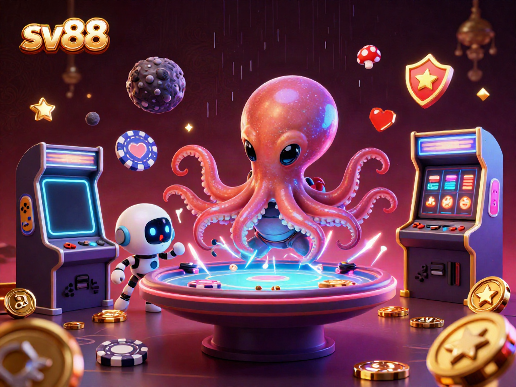 Engage with sv88 at a vibrant poker scene featuring a space octopus and gaming elements.