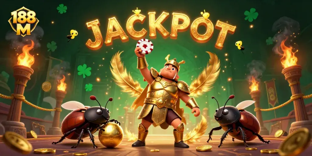188 M brings excitement with a victorious beetle character lifting a poker chip in a vibrant casino atmosphere.