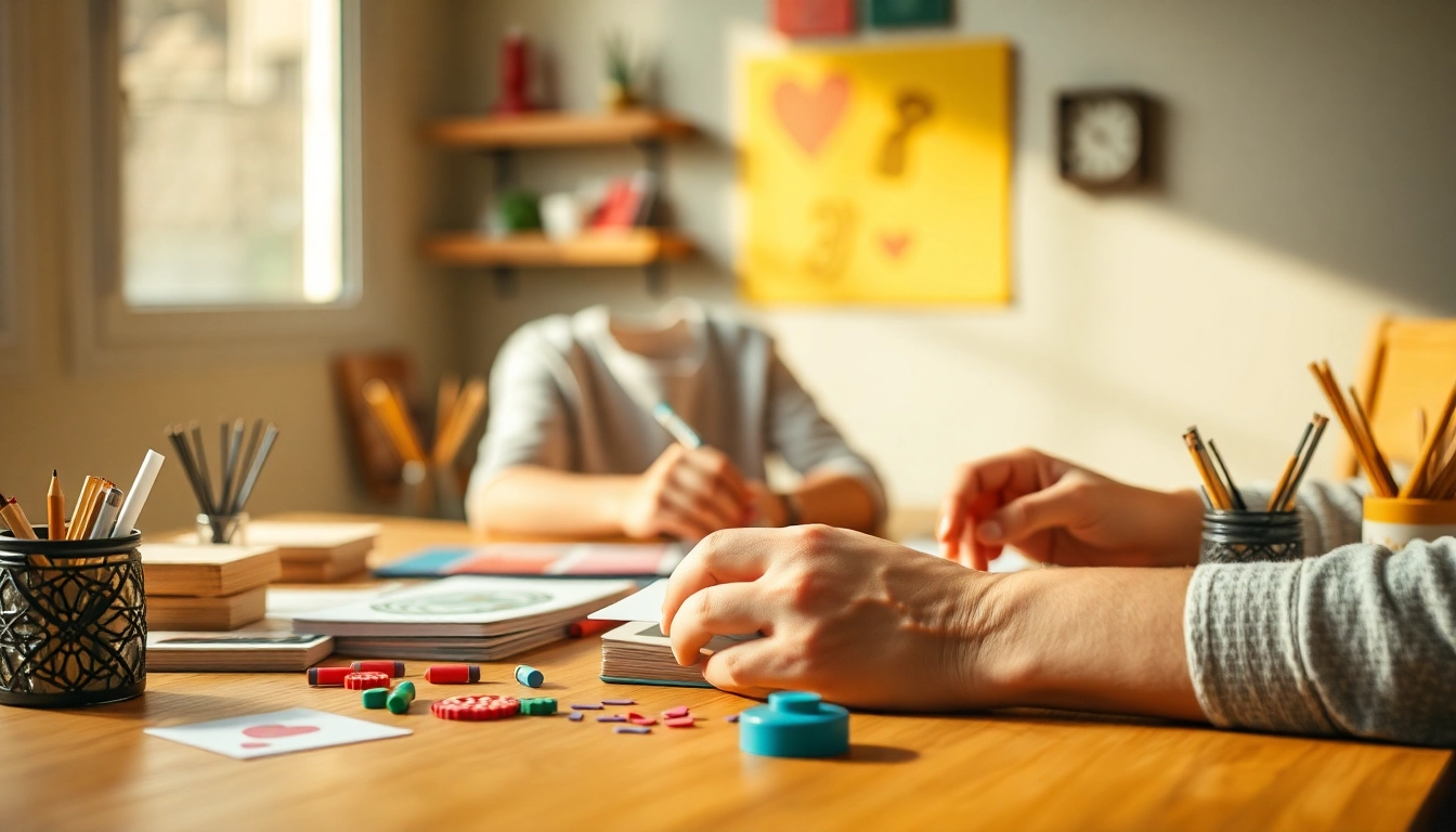 Karten gestalten Schweiz: Kreative Person gestaltet individuelle Karten auf einem hellen Tisch mit bunten Materialien.
