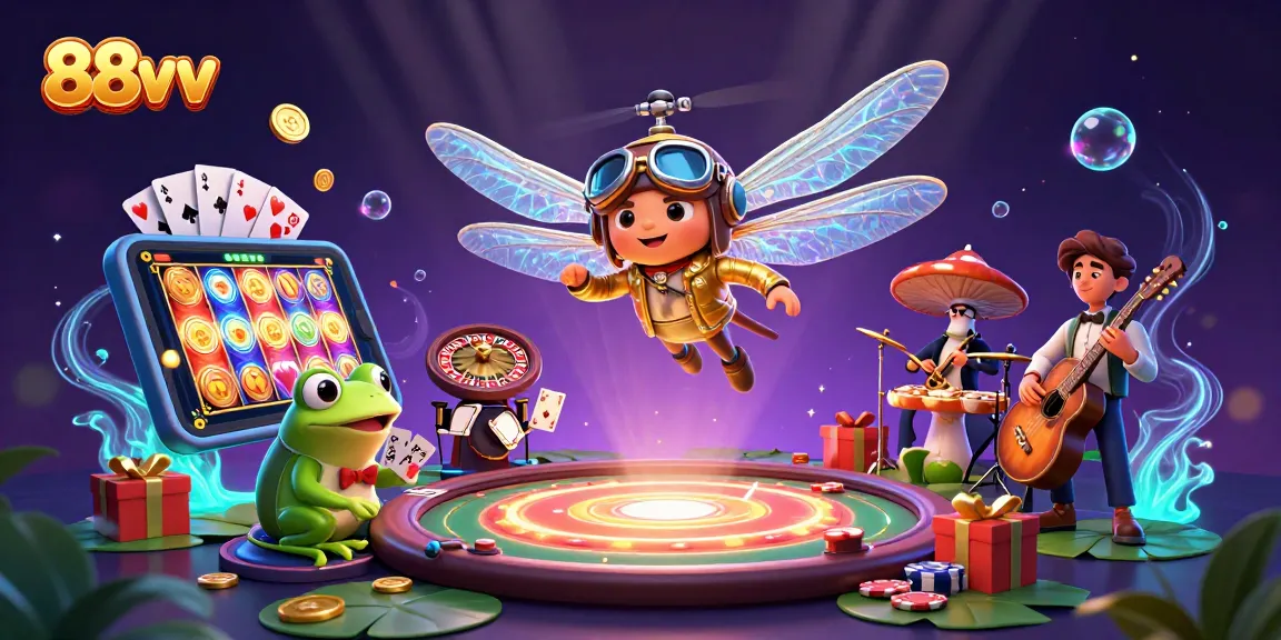 Experience the excitement of 88vv as the dragonfly pilot hovers above a vibrant casino scene.