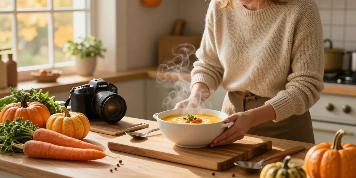 Leckere vegetarische Suppenzubereitung mit saisonalem Gemüse in einer gemütlichen Küche.