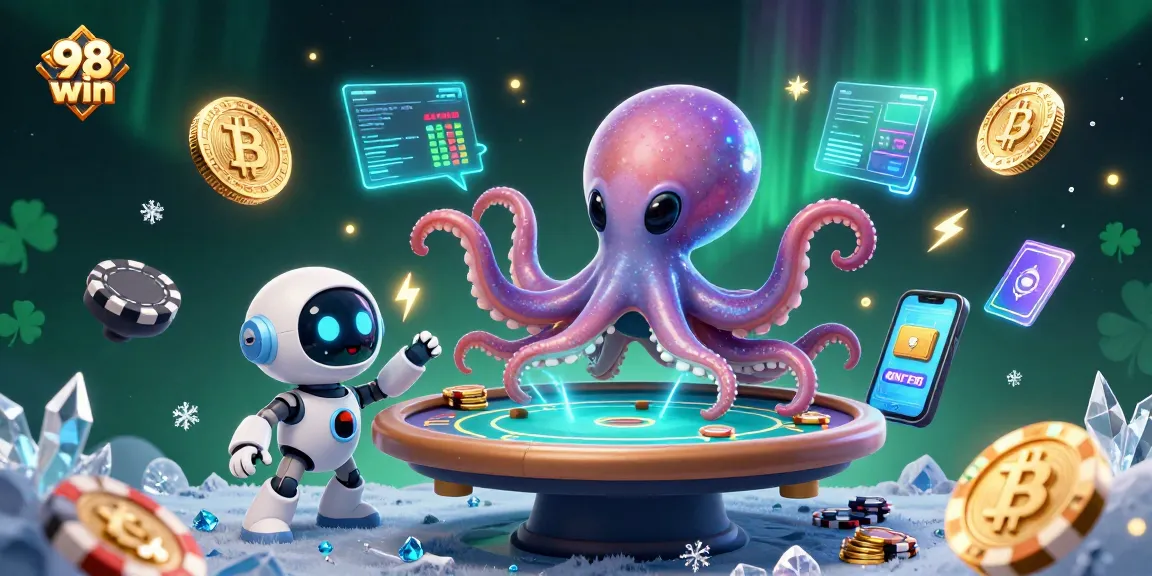 Engage in thrilling gaming activities with 98 win in a vibrant alien casino scene filled with galactic poker elements.
