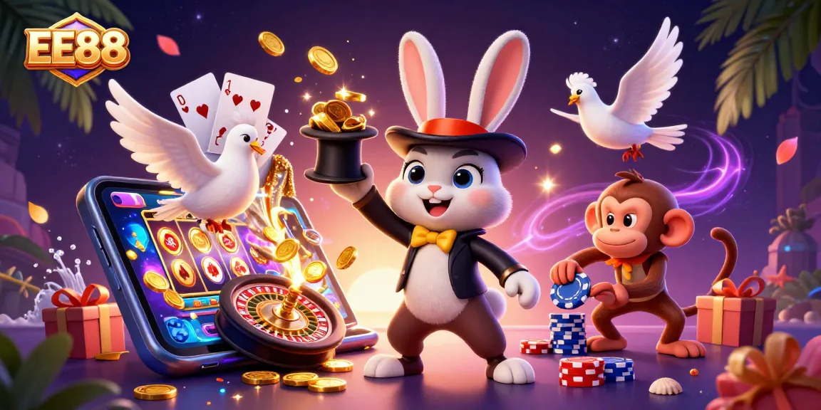 Engaging scene of EE88, featuring a magician rabbit, a dove, and a monkey among casino rewards.