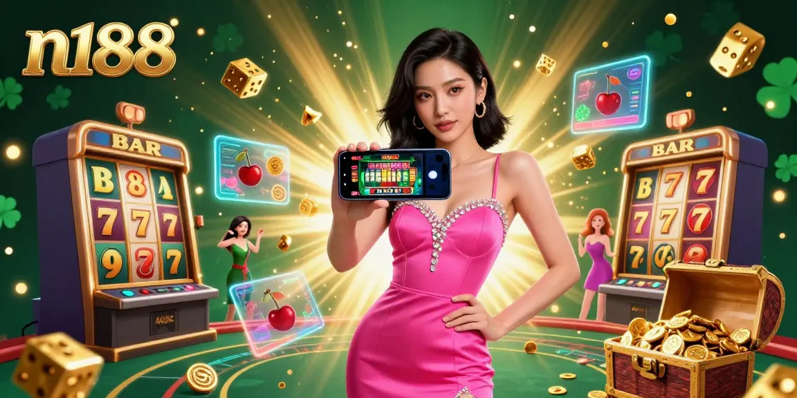 N188 casino scene with a stunning woman holding a smartphone, showcasing live casino game vibrancy.