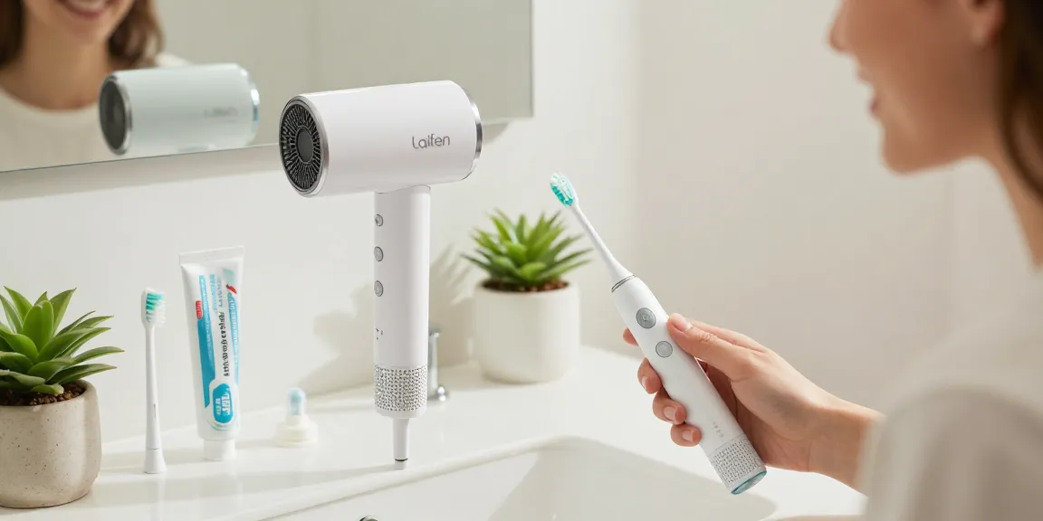 Die Laifen Wave Pro elektrische Zahnbürste und der Haartrockner von Laifen Deutschland in einem modernen Badezimmer.