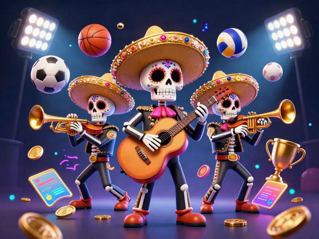 Enjoy dynamic sports betting action with debet as colorful mariachi skeletons play music among flying sports balls.