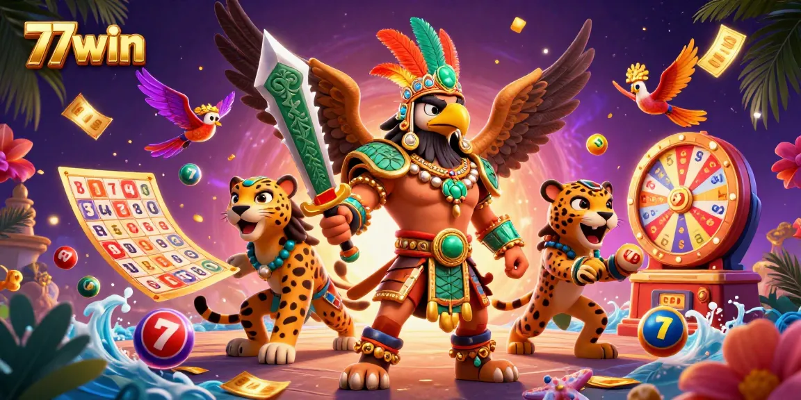 Experience thrilling wins with 77win in this vibrant 3D casino illustration, showcasing dynamic games and excitement.