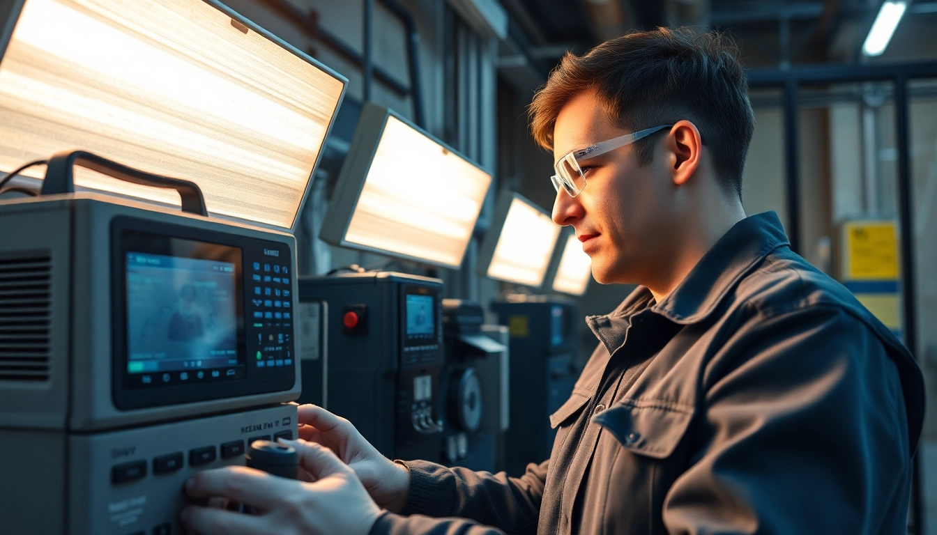 Techniker führt eine DGUV V3 Prüfung durch, überprüft elektrische Geräte sorgfältig und dokumentiert die Ergebnisse.