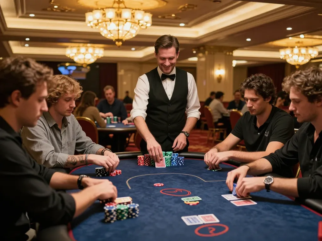 Engaging poker game action at a luxurious casino, featuring players focused on their bets, showcasing the excitement of 888new gameplay